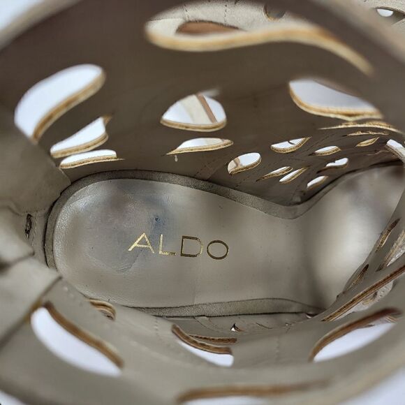 Aldo Tan Suede Laser-Cut Peep Toe Heels, Size 6.5 - Picture 15 of 16